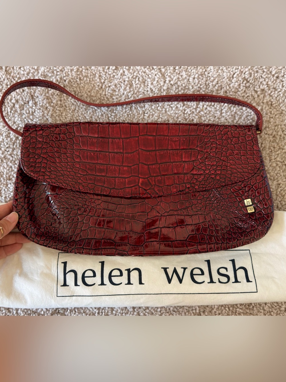 Helen Welsh Burgundy Croc-Embossed Shoulder Bag